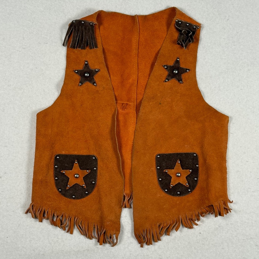 Vintage Kids Suede Leather Western Fringe Vest Orange Star Studded Cowboy